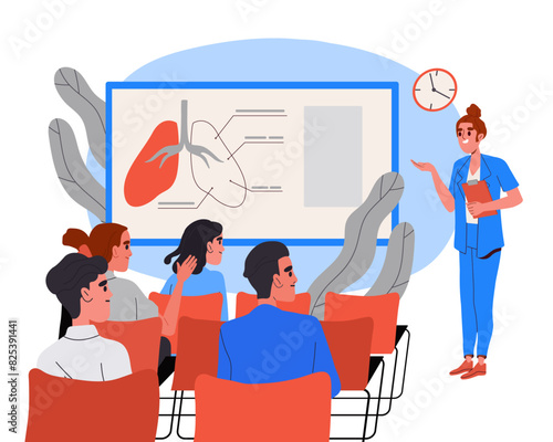 A lecturer at a medical college or university is giving an anatomy lecture to students. The human lungs are depicted on the blackboard. Flat vector illustration