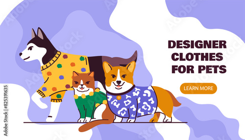 Clothes for animals poster. Apparel designer for cats and dogs. T shirts for domestic animals. Animal fashion trends, style and elegance. Landing webpage design. Flat vector illustration