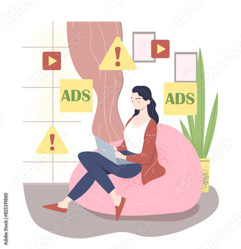 Computer adware attack concept. Woman suffer from spam at laptop screen. Internet Advertising. Viruses and hackers online attack. Flat vector illustration