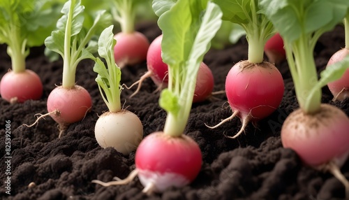 Radishes growing in soil, with green leafy tops emerging from the ground