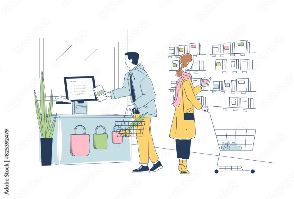 Man and a woman shopping in supermarket and making a payment at self-service checkout counter. Modern technologies, innovations, digital transactions concept. Line art style flat vector illustration Man and a woman shopping in supermarket and making a payment at self-service checkout counter. Modern technologies, innovations, digital transactions concept. Line art style flat vector illustration