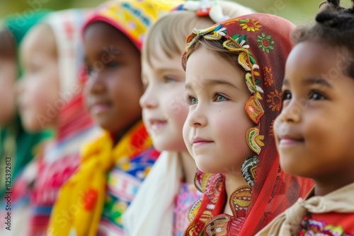 Group of multicultural kids wearing ethnic clothes, showcasing cultural diversity with joyful expressions
