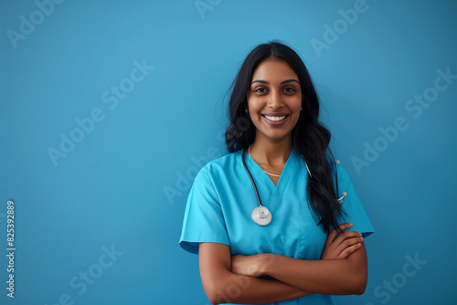 A smiling woman in a blue scrubs shirt with a stethoscope around her neck.Indian doctor  nurse and medical student. College and university