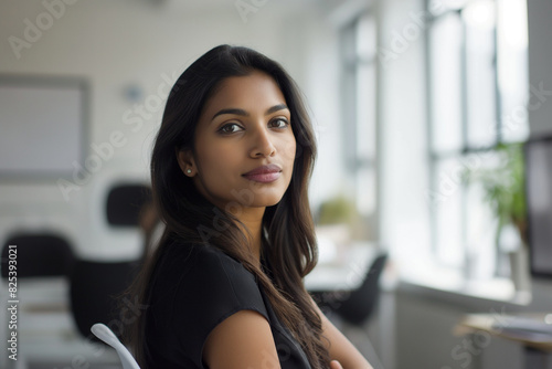 A woman with long black hair and a black shirt is sitting in front of a window. Indian businesswoman, teacher, tutor, office manager Free Download A woman with long black hair and a black shirt is sitting in front of a window. Indian businesswoman, teacher, tutor, office manager - GFXLoad