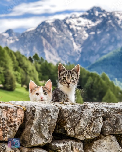 Gatitos tímidos mirando detrás de muro con curiosidad. Al fondo desenfocado un paisaje de montaña con arboles y gran montaña. photo