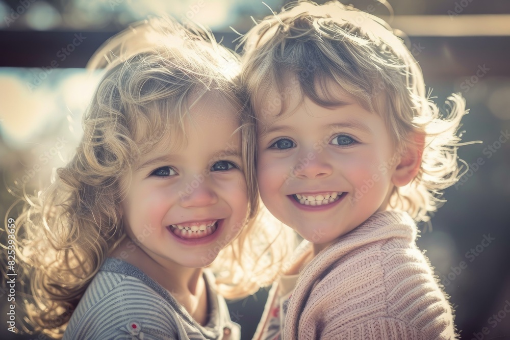 Two young siblings with curly hair share a cheerful hug in golden sunlight Two young siblings with curly hair share a cheerful hug in golden sunlight