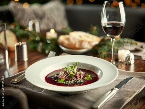 Beetroot Beef Soup  A Delicious Bowl of Elegance in a Restaurant Setting