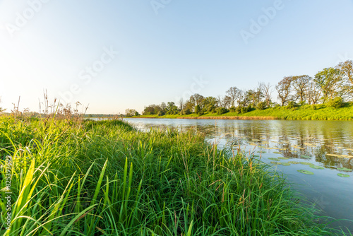Beautiful lake landscape with green trees  lake L  bben in Germany