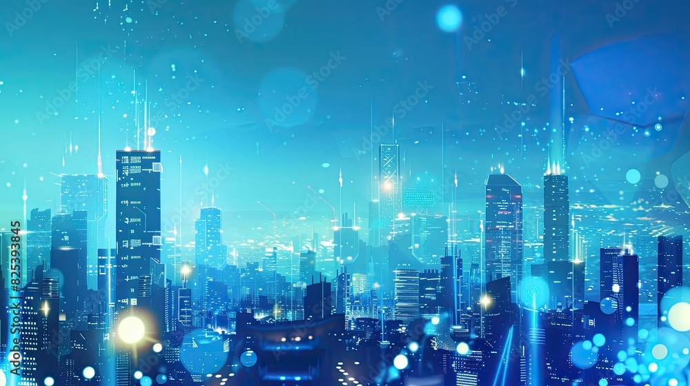 Illustration of a modern futuristic smart city concept with abstract bright lights against a blue background. Showcases cityscape urban architecture, emphasizing a futuristic technology city concept