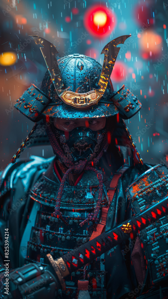 Fototapeta premium a samurai wearing an oni mask and futuristic samurai armour Tron style holding his katana whilst in a dynamic battle pose.generative ai