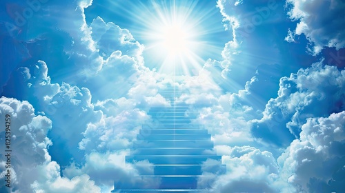 Illustration of a stairway ascending towards heavenly realms with a bright sky, clouds, and sun shining through the stairway. Symbolizing spiritual transcendence and enlightenment.