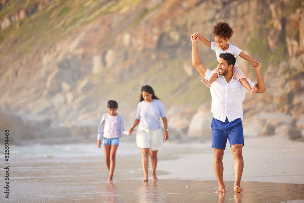 © peopleimages.com - Family, parents and child on shoulders or beach fun on holiday, bonding and walking on sea shore or vacation. People, together and carefree girl or ocean trip for adventure, summer and relaxing
