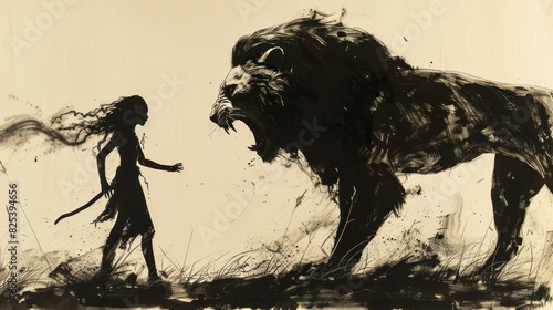 Silhouette of Samson fighting a fierce lion