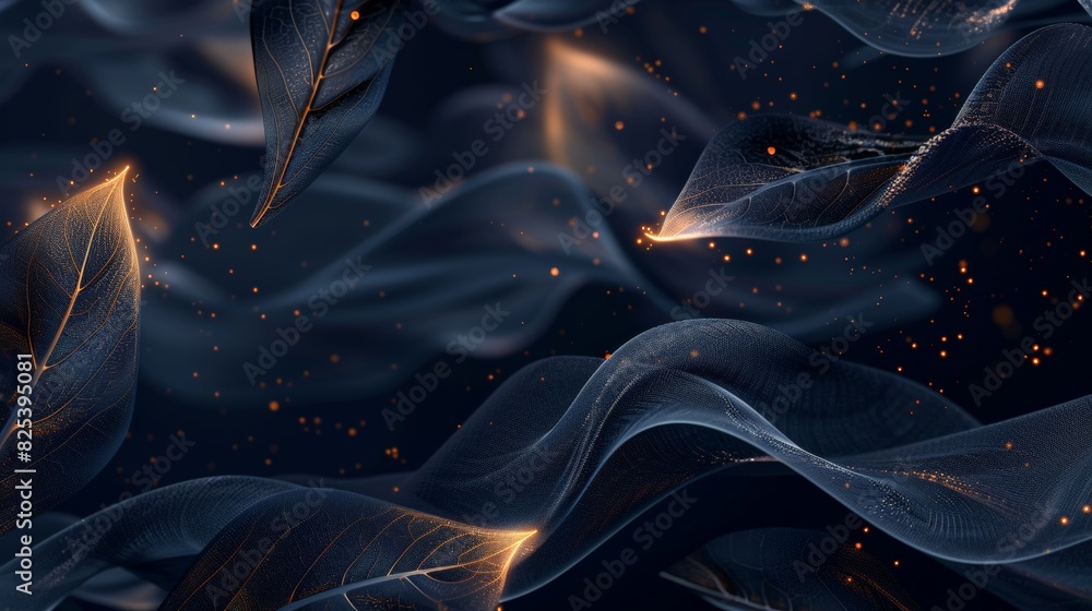 Fototapeta premium Magical swirling blue leaves with glowing orange particles, creating mesmerizing, dreamlike, abstract fantasy landscape, digital art. Background with copy space. 
