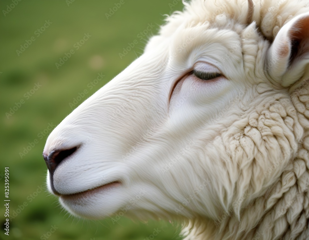 A sheep's face , with its eyes closed and a peaceful expression