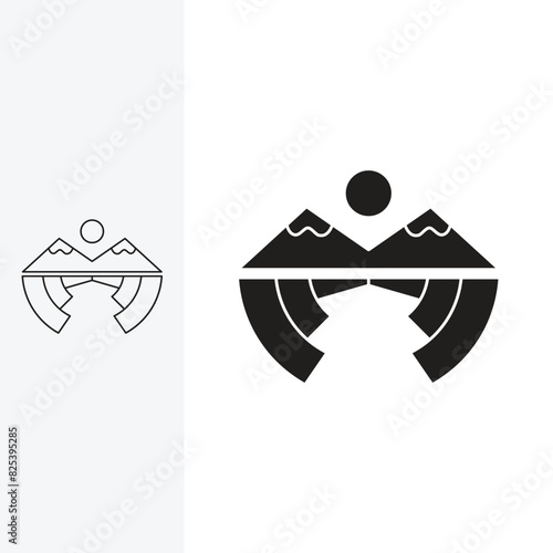 winged mountain logo, with a beautiful panorama, monoline style and silhouette stylish.