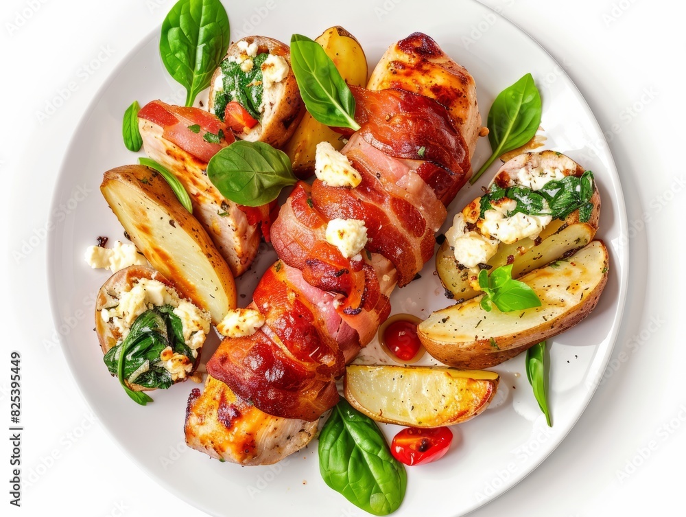 Festive Spinach and Feta Stuffed Bacon-Wrapped Chicken Rolls with Baked Potato Wedges Festive Spinach and Feta Stuffed Bacon-Wrapped Chicken Rolls with Baked Potato Wedges