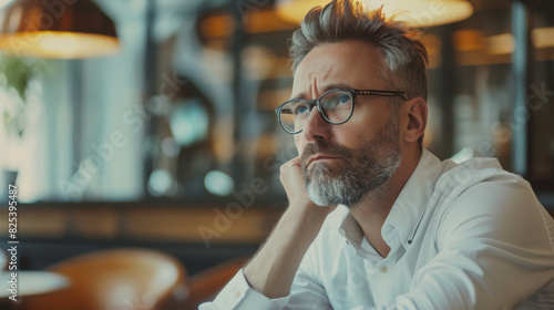 Portrait of an adult man in glasses sitting in a coffee shop, thinking. A stately man in office clothes rested his chin on his hand and thought.