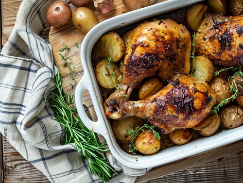 Savory Garlic and Herb Baked Chicken Leg Quarters with Potatoes: A Close-Up View