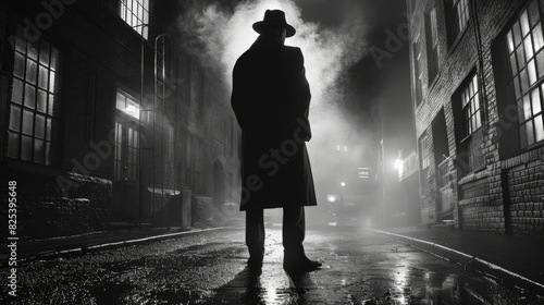 A man in a long coat and hat stands in a dark alleyway, his figure illuminated by a distant streetlight