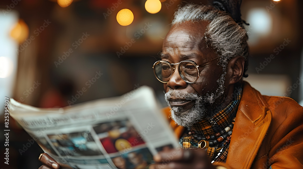 A man in an orange jacket reads a newspaper in a dimly lit room. A man in an orange jacket reads a newspaper in a dimly lit room.