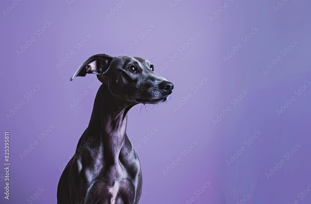 Portrait of a sleek, elegant dog with a short coat on a soft purple background, showcasing its graceful stance and alert expression.