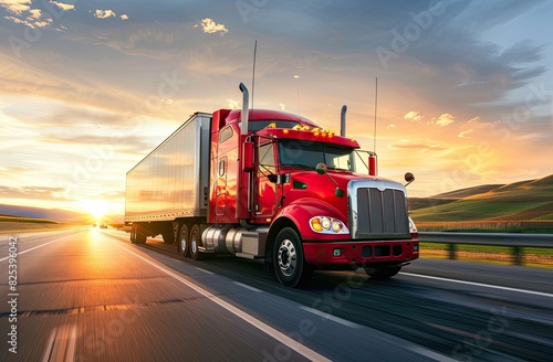 Red semi-truck driving on an open highway at sunset, capturing the essence of transportation and logistics in beautiful lighting.