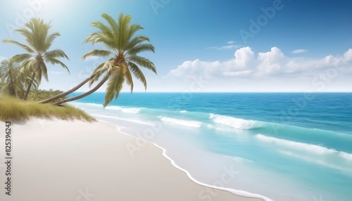Coast view with blue ocean or sea, white sand and palm tree generative ai 