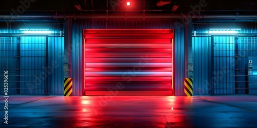 Large elevator door with red siren in dark underground mech hangar. Concept Sci-Fi Setting, Industrial Aesthetic, Red Alert, Underground Facility, Dark Atmosphere