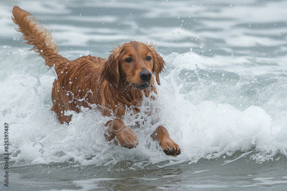 A brown dog is energetically running through the water, creating splashes as it moves A brown dog is energetically running through the water, creating splashes as it moves