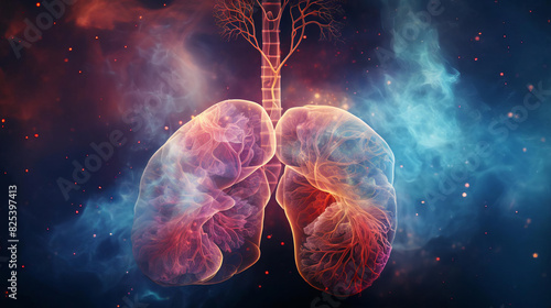 The lungs are a pair of spongy, pinkish-gray organs in the chest. They are responsible for taking in oxygen from the air and releasing carbon dioxide into the blood. photo