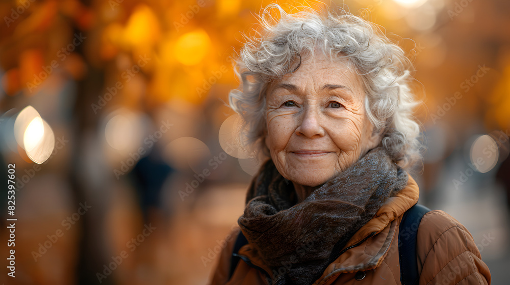 A smiling older woman with gray hair, wearing a brown scarf and jacket, stands in front of a blurry background of fall foliage. A smiling older woman with gray hair, wearing a brown scarf and jacket, stands in front of a blurry background of fall foliage.