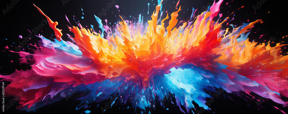Vibrant explosion of colorful paint splashes on a dark background, creating a dynamic and eye-catching abstract art piece.