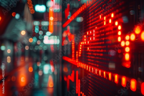 A red and blurry image of a stock market ticker. The image is of a city at night, with the lights of the buildings and the streetlights creating a sense of movement and energy