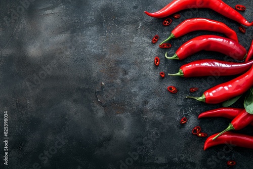 Vibrant red chili peppers with fresh green leaves and sliced pieces on a rustic dark surface