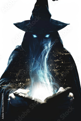 Silouette of a wizard with glowing white eyes hands focusing magical energy, wearing a cloak, collor, wizard hat,  magic energy focused onto a spell book photo