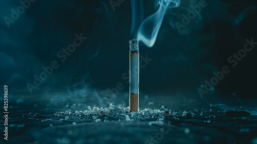 A half-burnt cigarette emits a delicate smoke that slowly rises in the air, creating a soft mist. The aroma of tobacco, subtle but noticeable, spreads around, filling the space with a specific scent. photo
