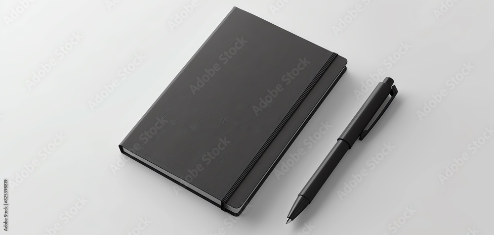 Blank mock up of a closed notebook with a smooth cover, empty for logo placement, paired with a modern pen, suited for creative product advertisements. Blank mock up of a closed notebook with a smooth cover, empty for logo placement, paired with a modern pen, suited for creative product advertisements.