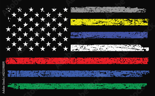 First Responder American Flag With Awareness Colors In Stars And Stripes.