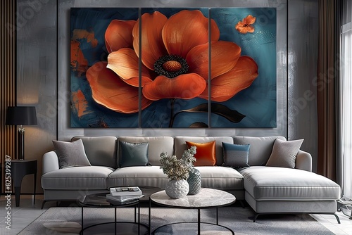 3 panels wall art, 3D azahar flower botanical drawing, wall decoration