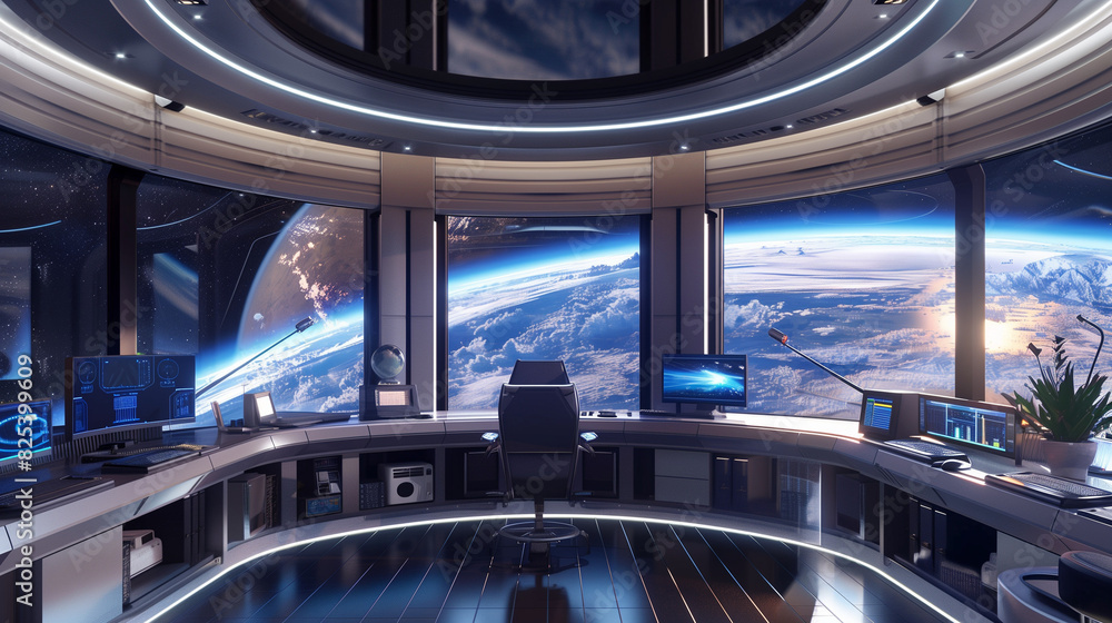 The modern, elegant spacecraft command center impresses with its minimalist design and futuristic technologies. Panoramic windows open views of endless space. The modern, elegant spacecraft command center impresses with its minimalist design and futuristic technologies. Panoramic windows open views of endless space.
