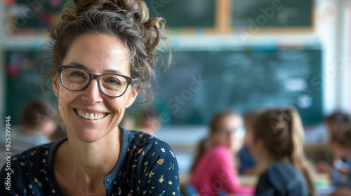 A smiling teacher with glasses looks with an expression of satisfaction at her students, who are in the blurred background of the classroom.