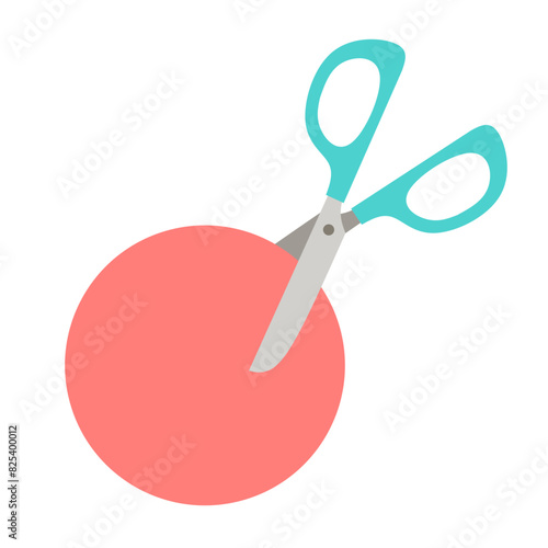 Cutting with scissors, scissors and circle. Vector stationery isolate in cartoon flat style.