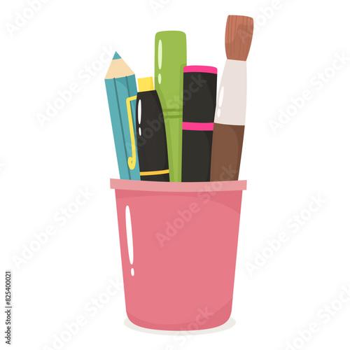 Pencil box with pencils, pen, markers and brush in cartoon flat style. Vector isolate. School.