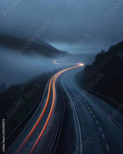 A light trail on a highway in the fog, dark gray and long exposure
