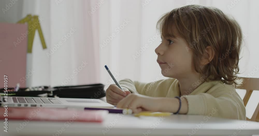 A young blond boy is focused on doing his homework while sitting at a desk and using a laptop during the day. A young blond boy is focused on doing his homework while sitting at a desk and using a laptop during the day.