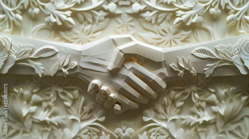 Two hands clasping in a firm handshake, surrounded by intricate floral patterns, symbolizing strength and connection in a beige tone.