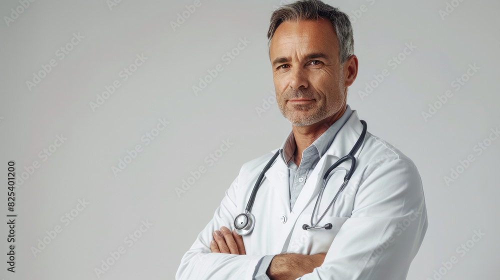 Portrait of a confident doctor with a stethoscope, arms crossed, wearing a white coat against a neutral background.
Portrait of a confident doctor with a stethoscope, arms crossed, wearing a white coat against a neutral background.
