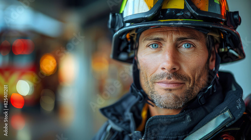 Portrait of a dedicated rescue worker wearing protective gear, ready for action, with a blurred emergency background.   © CreativeArt