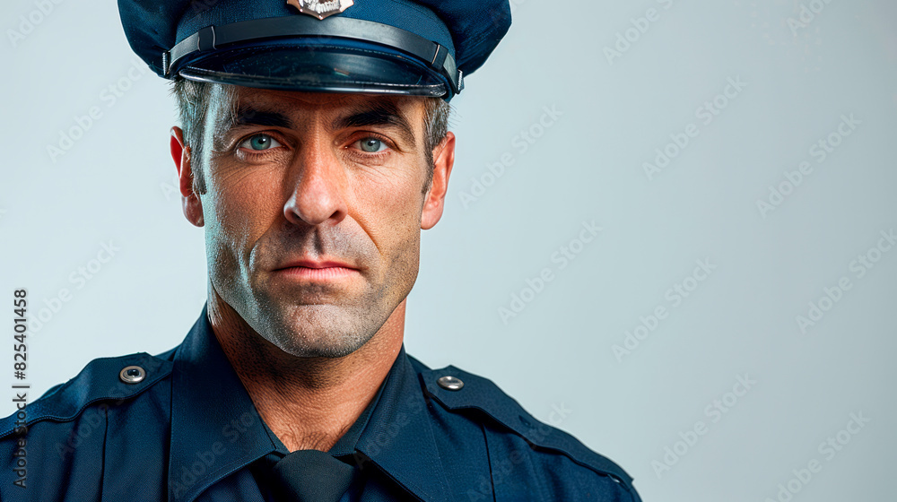 Portrait of a confident police officer with blue eyes and a beard, wearing a uniform and hat, standing indoors with a blurred grey background.
Portrait of a confident police officer with blue eyes and a beard, wearing a uniform and hat, standing indoors with a blurred grey background.